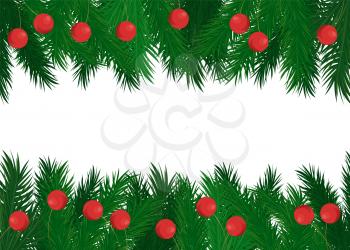 Red balls on green spruce branches vector frame isolated. Pine-tree elements of evergreen tree, decorative Christmas border with place for text