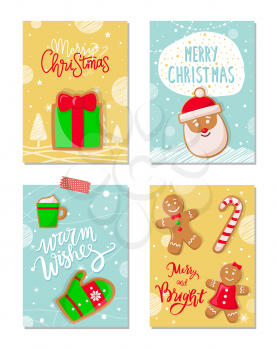 Merry Christmas poster with greetings cookies vector. Gingerbread biscuits in shape of mitten, cup with beverage, Santa Claus, present male and female