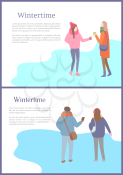 Walking friends outdoor in wintertime. Men and women going and speaking in warm scarf and jacket and in hat or earmuffs, papercard with text vector