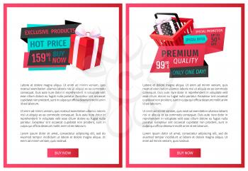 Advertising promo stickers on web pages templates, sale tags with gift boxes. Online vouchers on sale with special presents, shopping cart and emblems vector