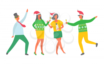 New Years Eve celebration vector, Christmas party people. Man and woman dancing and drinking alcohol, champagne poured in glass. Tipsy happy crowd