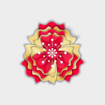 Flower origami flora decoration made of paper vector. Asian culture celebration, flourishing plant with gold and red petals, blooming and blossom