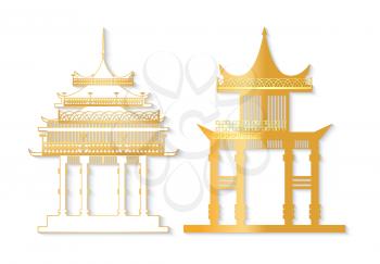 Golden and white Japan gate with decorated roof isolated in flat style. Torii gateway sign, Japanese traditional old asian colorful symbol vector