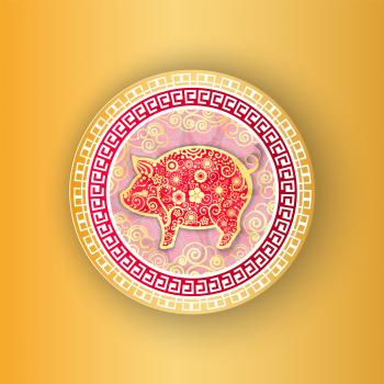 Gold circle decorated with piggy and flowers. Year of the pig greeting Chinese New Year in paper art style. Holiday design card with animal vector