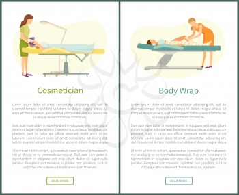 Cosmetician facial cosmetic procedures and detox body wrap web page with text. Woman cosmetologist working with clients face, beauty prof wrapping leg