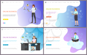 Online business, woman reading people profile in web vector. Marketing on distant form performed with help of modern technologies and computer devices