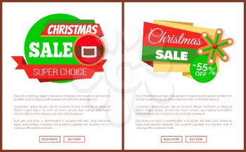 Christmas sale super choice price tag with closeup of Santa belt and snowflake, vector label. Web poster template of discount emblem, 55 percent off