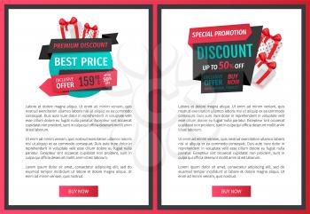 Coupons on sale templates, price reduction offers with discounts and gift boxes. Premium quality goods, best fixed price on products vector web site pages