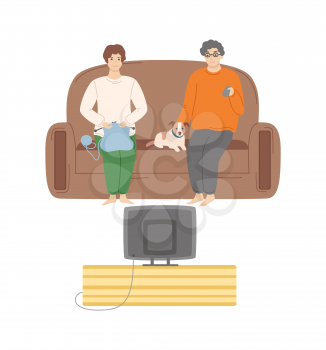 Home relaxation vector, man and woman sitting on sofa with domestic animal pet, dog and owners, lady knitting, male watching movies on tv set weekend