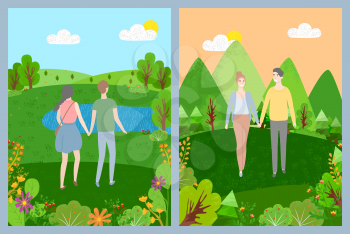 Man and woman holding hands, smiling lovers walking outdoor, landscape view, green nature, couple romantic day in park or forest, togetherness vector