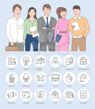 Document and message, address book, office nightstand, employee and growth,office chair, trash can, laptop, tea cup, email and phone buttons, people vector. Team with business icons