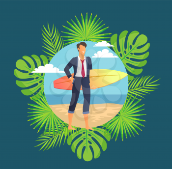 Smiling worker holding surfboard on beach, freelancer or businessman framed by fern leaves. Round boarder with male in suit standing on sand vector