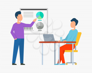 Workers discussing strategy, man standing near board with colorful diagrams, person sitting at table working with laptop, teamwork and cooperation vector