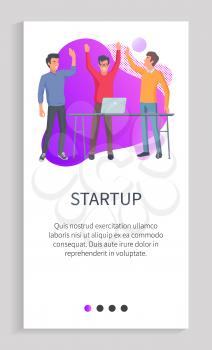 Successful startup of programmers vector. People working on business project, achieving results, laptop on table, technology advancement in office. Slider for business app with startup team