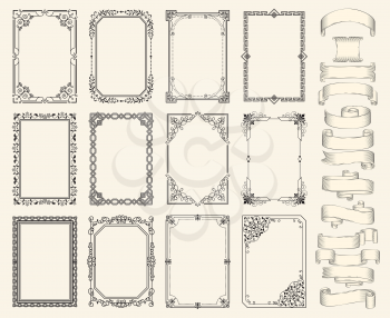 Frames and ribbons vector monochrome sketch set. Frameworks with geometric ornament and curls, floral pattern, shaped and rolled, scroll strips icon