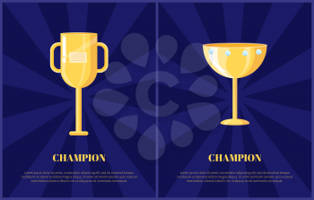 Champion prize gold cup with handle or shiny diamonds flat vector illustration. Triumph souvenir depiction on dark blue radiant background with text.