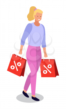 Shopping woman happy to buy items on sale. Isolated female character with packages. Person using discounts and proposals of stores while buying products. Happy customer with smile. Vector in flat