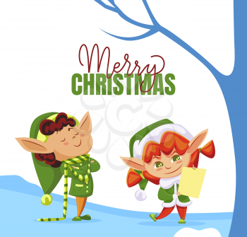 Merry christmas, preparing for holiday. Girl hold wish list of kids, santa claus helper. Fairy characters stand in snowy forest near oak tree. Vector illustration of preparation for xmas in flat style