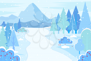 Winter landscape of rural area. Snowy weather in village or park. Resort with mountains and pine trees, bushes with red berries. Outdoors view on road and hills, cold and frost. Vector in flat