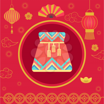 Traditional chinese fortune bag vector, isolated fabric cloth with thread stuffed with symbols of prosperity. Chinese lucky bag. Holiday in China and celebration special occasions, oriental traditions