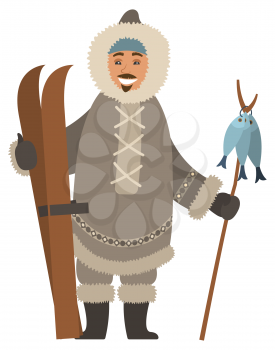 Smiling eskimo man wearing warm fur clothes and mittens holding skis and wooden stick with fish. Arctic element of view hunter character fishing. Happy male hunting and skiing in Alaska vector