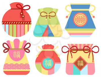Chinese fortune bag vector, sac filled with items bringing luck and prosperity. Flat style oriental traditions and customs, fabric cloth set with threads and hieroglyphs symbolism in Asian countries