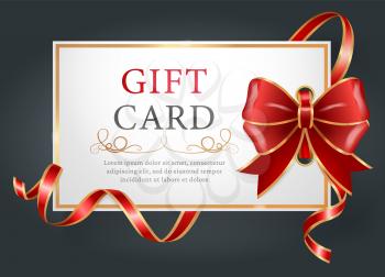 Gift card decorated by ribbon and big bow in red color. Festive postcard with text template and pattern on white. Invitation icon or coupon with golden frame and elegant stripes on black vector