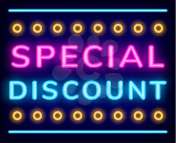 Special discount neon sign vector. Exclusive offer on cyber monday, shiny banner with glowing font and decor elements. Promo poster for store, shopping online. Web design for website promotion