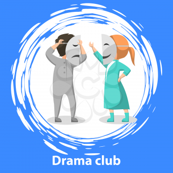 School drama club for pupils. Two kids playing scenes on stage with masks on their faces. Dramatic performance, children acting. Vector illustration in flat cartoon style