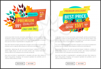 Special promotion and offer set of posters. Only one day foliage and leaves autumn reduction of prices. Selling products in half cost premium vector