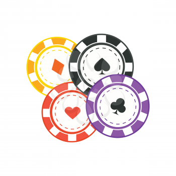 Gambling chips vector in flat style. Four casino chips with card suits. Illustration for gambling industry, sport lottery services, icons, web pages, logo design. Isolated on white background.   