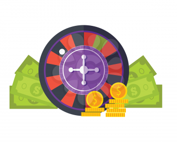 Gambling concept vector in flat style. Roulette, dollar bills, golden coins. Illustration for gambling industry, sport lottery services, icons, web pages, logo design. Isolated on white background.   