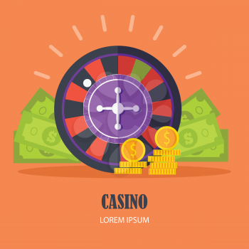 Casino concept vector in flat style. Roulette, dollar bills, golden coins. Illustration for gambling industry, sport lottery services, icons, web pages, logo design. On orange background.   