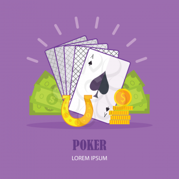 Poker concept vector in flat style. Cards, horseshoe, dollar bills, golden coins. Illustration for gambling industry, sport lottery services, icons, web pages, logo design. On violet background.