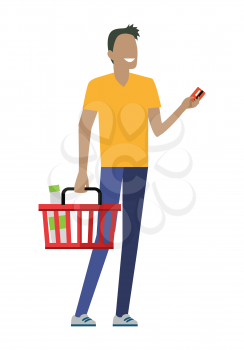 Man with shopping basket. Smiling man in yellow t-shirt and blue pants. Holding credit card. Man daily shopping, customer in mall, supermarket shopping, retail store illustration in flat