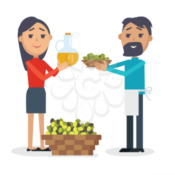 Woman with bottle of olive oil, man with plate of olives isolated. Basket full of olives. Seller propose olives at Spain festival. Flat style design. Best price. Holiday event. Vector illustration