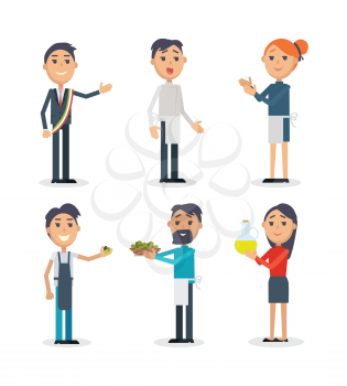 Set of people at Festival of olives in Spain. Flat style design. Spain entertainment festival. People sale olives and olive oil at market. Best price. Man and woman. Holiday event. Vector illustration