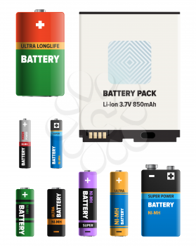 Powerful batteries for electronic devices with various power capacity isolated on white background. Energy replenishment appliances vector illustrations set. Galvanic device for power charge.