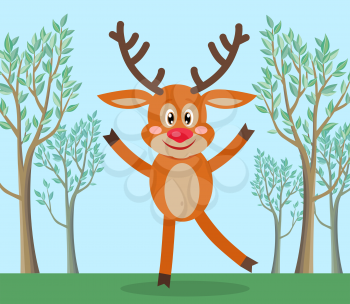 Wild animal in nature funny cartoon. Cute horned reindeer dancing on forest lawn flat vector illustration. Flora and fauna. For travel, nature, habitat, environmental protection concept design