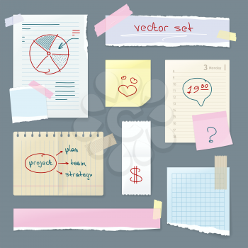 Vector set of office paper. Folded paper with charts, grunge old paper with heart, ragged sheets of paper, blank squared and lined notepad pages. Paper from note book. Illustration in flat style design