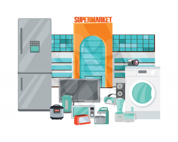 Supermarket sale. Household appliances in flat style. Illustration for electronics stores advertising. Electric equipment for every day use. Big sale concept. Set of electronic devices. Vector