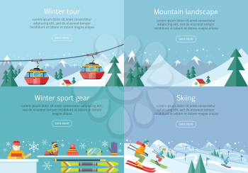 Winter tour. Mountain landscape. Winter sport gear. Skiing banners set. Winter recreational conceptual web banners. Funicular railway, landscape, skiing equipment, skier competition. Ski lift. Vector