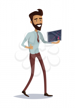 Business success illustration. Flat Design. Growth of value indexes. Good day on the stock exchange concept. Happy smiling man with tablet enjoying his success. Modern online trading technology.