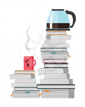  offee pot and cup of strong hot coffee on the heap of books isolated on white. Teapot for brewing and pouring tea. Make pause in the office work. Part of series of daily routine of the week. Vector