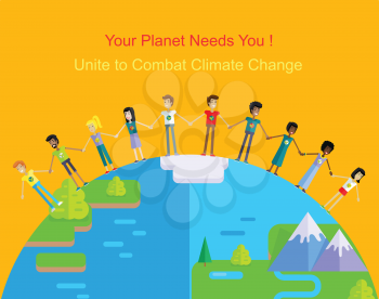Your planet needs you. People holding hands around the planet on yellow background. Globe save earth. Concept design for banner, greeting card, poster in flat. Vector illustration.