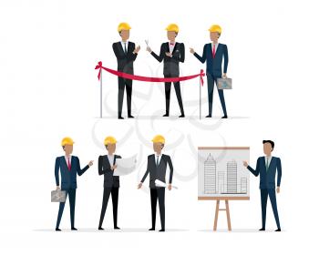 Investors in yellow helmet cutting red line with scissors on presentation building project. One man holding case with money. Showing on the stand new skyscraper by another male. Vector illustration