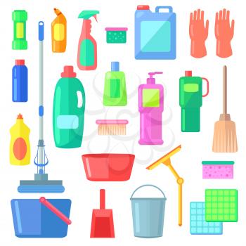 Cleaning. Different Icons of Cleaning Mean Kinds. Bucket, gloves, duster, detergent, brush, mop, broom, wiper, spray sponge soapsweeping White background Flat design Vector illustration