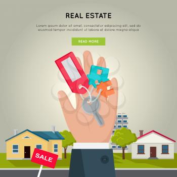 Real estate vector web banner. Flat design. Key from house with tag in man hand, houses, trees and grass on background. Illustration for real estate company web page design, advertising.