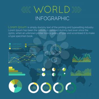 Word Infographic vector. Color circle and line diagrams with data, sample text, word map silhouette on blue background. Flat style illustration for econimical, political, military concepts