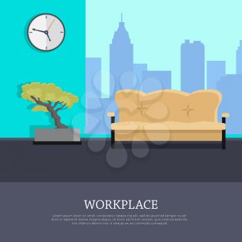 Workplace vector concept. Flat design. Office room with sofa, bonsai tree, clock on the wall and urban view from window. Comfortable place for work. Illustration of modern business apartments design